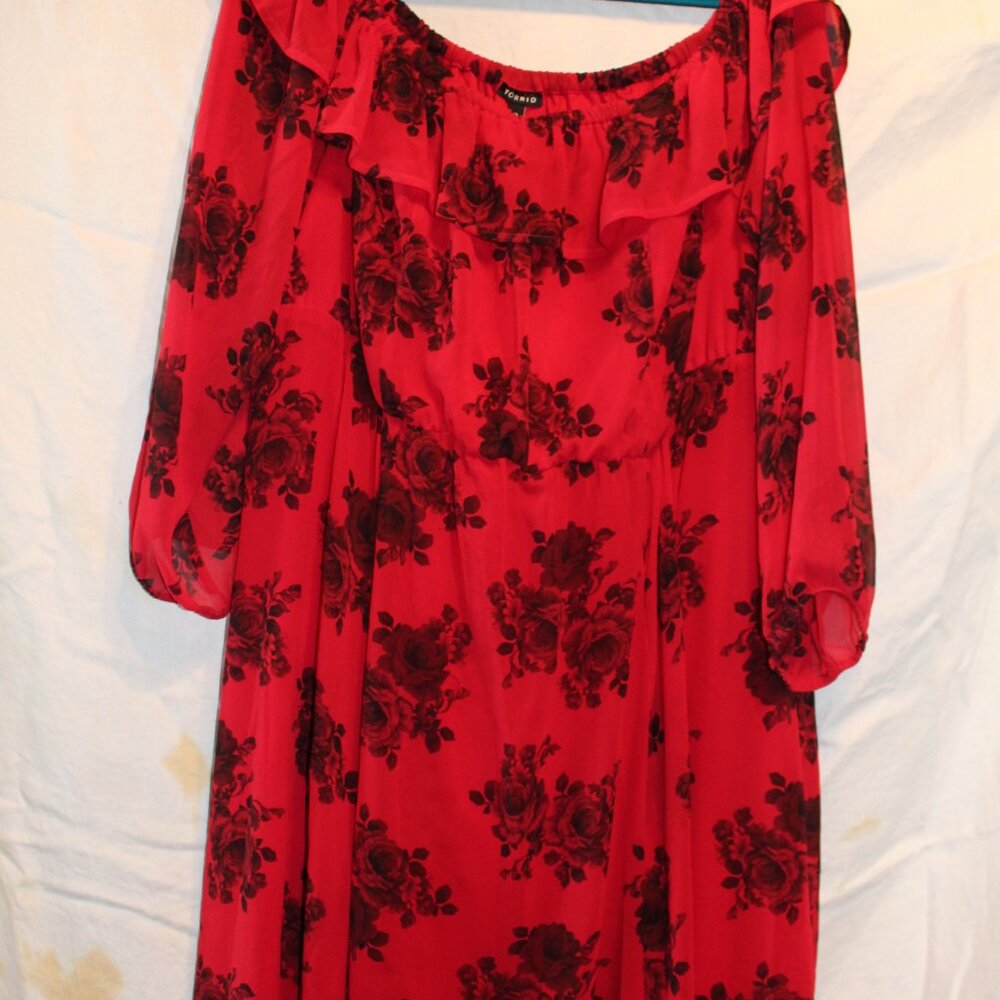 Torrid Red with Black Roses Midi Dress